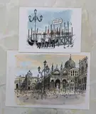 St Mark's Venice' and 'Gondoliers by Robert Tavener, pencil, sold May 2022