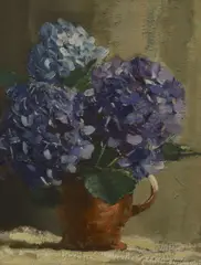 Still life of hydrangea in a pottery jug by John Kenneth Ferguson, oil on canvas, sold May 2022