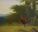 Chickens in a landscape by C.B. Newmarch, 1858, oil on canvas, sold May 2022