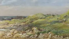 Sheep in a coastal landscape, monogrammed and dated 1882, 23 x 41cm by Helen O'Hara, 1882, watercolour, sold May 2022