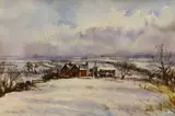 Under snow, Hillfoot Farm, Bedfordshire by Andrew King, watercolour, sold May 2022