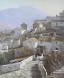 View of a Spanish village by Manuel Cuberos, oil on canvas, sold May 2022