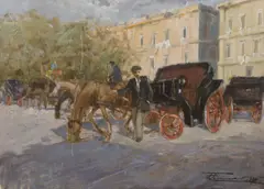 Carriage horse and driver by Francesco Tammaro, 1970, oil on board, sold May 2022