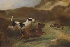 Terriers chasing a rabbit by Charles Morris, oil on canvas, sold May 2022
