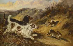 Terriers chasing rabbits by Robert Cleminson, 1879, oil on canvas, sold May 2022