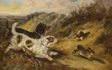Terriers chasing rabbits by Robert Cleminson, 1879, oil on canvas, sold May 2022