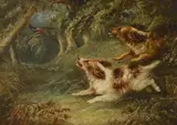 Spaniels chasing a pheasant, 22 x 32cm by Robert Cleminson, oil on panel, sold May 2022