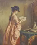 Interior with young lady reading a book by George H. Hay, 1880, oil on canvas, sold May 2022