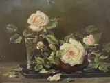 Still life of roses on a table top by Hector Chalmers, oil on board, sold May 2022