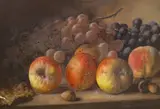 Still life of fruit by George Walter Harris, 1897, oil on board, sold May 2022