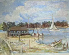 Yachts in harbour by Stephen Crowther, oil on board, sold May 2022