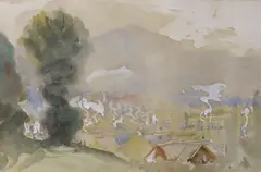 Hillside view by Alfred East, watercolour, sold May 2022