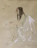Sketch of a seated nude eating an apple, 45 x 36cm, unframed (a.f.) by Henry Richard Bird, pastel and gouache on paper, sold May 2022