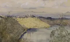 Italian hilltop town by John Doyle, pencil and watercolour, sold May 2022