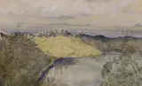 Italian hilltop town by John Doyle, pencil and watercolour, sold May 2022