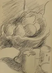 Still life of fruit in a bowl, label of attribution verso, 36 x 25cm by Matthew Smith, pencil on paper, sold May 2022