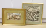 Oarsmen, 41 x 37cm and a watercolour of a mill by Whittaker, dated 1902 by Frank Brangwyn, 1902, lithograph, sold May 2022
