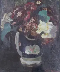 Still life of flowers in a jug by Ethel Raeburn, oil, sold May 2022