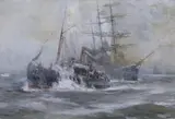 Tug boat and sailing ship by B. F. Gribble, watercolour, sold Apr 2022
