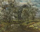 Scene on the River Mole by Michael Lawrence Cadman, oil on canvas, sold Apr 2022