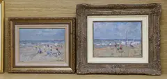 Dutch beach scenes by Arie van Noort, oil, sold Apr 2022
