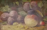 Still life of plums, gooseberries, a peach and a raspberry by George Clare, oil, sold Apr 2022