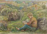Boy reading in a landscape by Ruth Collet, oil on board, sold Apr 2022