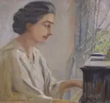 Lady playing the piano by Heinrich Hübner, oil on canvas, sold Apr 2022