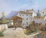 Spanish hillside village by Manuel Cuberos, oil on canvas, sold Apr 2022