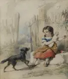 Girl with a doll and dog, 19 x 16cm by Frederick William Davis, watercolour, sold Apr 2022