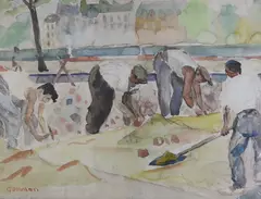 Workmen beside a river by Reg Gammon, watercolour, sold Apr 2022
