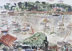 Sailing boats on an estuary by George Hooper, 1947, watercolour, sold Apr 2022
