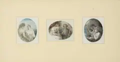 A set of three miniature paintings depicting scenes from Greek Mythology, titled 'Apollo & Sibyl, 1789'; 'Spring'; 'Hero & Leander, 1789 by Samuel Shelley, watercolor, offered Jul 2022