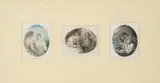A set of three miniature paintings depicting scenes from Greek Mythology, titled 'Apollo & Sibyl, 1789'; 'Spring'; 'Hero & Leander, 1789 by Samuel Shelley, watercolor, offered Jul 2022