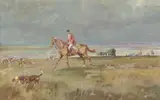 A huntsman and hounds with the rest of the field waiting by a shepherd's hut by Michael Lyne, watercolour, offered Jul 2022