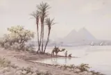 A view of the pyramids at Giza, Cairo by Edwin Lord Weeks, watercolour, sold Jul 2022