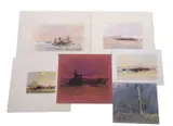 An assemblage of abstract landscapes, together with a sketch of fishing boats at low tide, six in total, various sizes, some mounted, all unframed by Gordon Hales, watercolor, sold Jul 2022