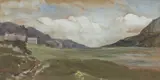 Landscape, looking onto a shelter sheds and other outbuildings in the distance by Alfred Parsons, watercolour, sold Jul 2022
