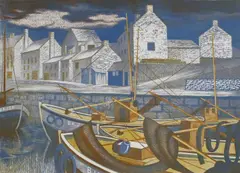 Seahouses, linocut in colours, unframed, approx 15x21ins by Clifford Webb, linocut, sold Jul 2022