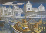 Seahouses, linocut in colours, unframed, approx 15x21ins by Clifford Webb, linocut, sold Jul 2022