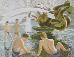 London fountain scene with bathers, colour linocut print, unframed, approx 16x22ins Qty: 1 by Clifford Webb, linocut, sold Jul 2022
