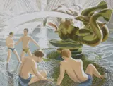 London fountain scene with bathers, colour linocut print, unframed, approx 16x22ins Qty: 1 by Clifford Webb, linocut, sold Jul 2022