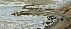 Gathering Sea Coal, Northumberland, linocut in colours, unframed, approx 11x28ins by Clifford Webb, linocut, sold Jul 2022