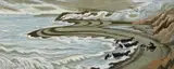 Gathering Sea Coal, Northumberland, linocut in colours, unframed, approx 11x28ins by Clifford Webb, linocut, sold Jul 2022