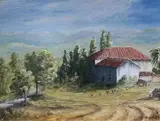 Farmhouse in Spain by Angela McGhee, oil on board, offered Jul 2022