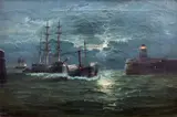 Shipping scene at night by Frederick Haynes, oil on canvas, sold Jul 2022