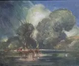 Cattle in a stream with woodland beyond by James Govier, oil on board, offered Jul 2022