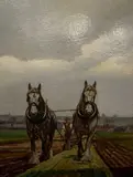 Ploughing scene by Geoffrey Mortimer, oil on board, offered Jul 2022