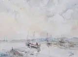 Beached boats by Jack Cox, watercolour on paper, offered Jul 2022