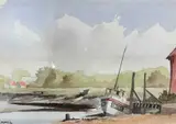 Thornham Creek by Godfrey Sayers, watercolour, offered Jul 2022